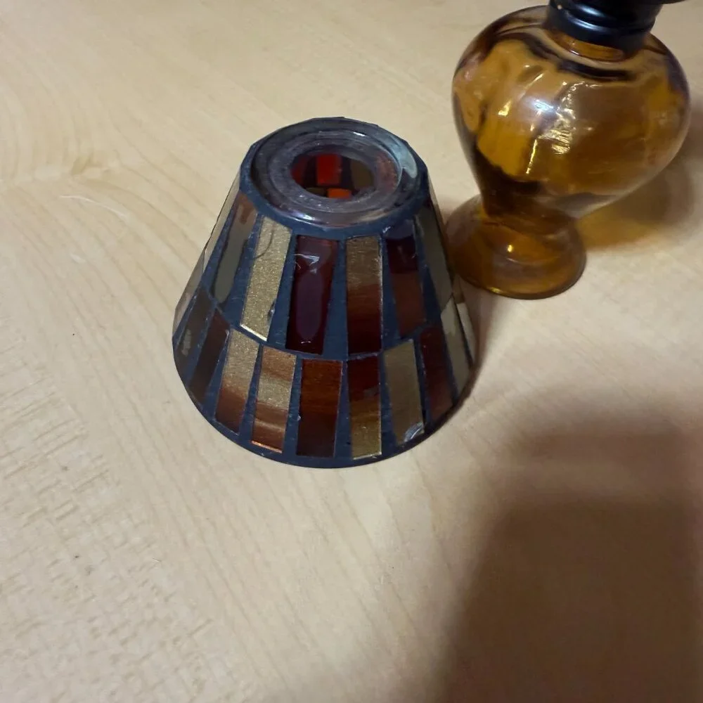 Vintage Amber Glass Mini Tea Light Lamp with Mosaic Brown Tone Lampshade